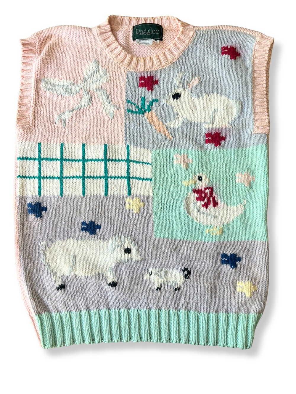 Vintage Rosslee Rabbit Duck Sheep Farm Sweater Vest Ramie Cotton Pastel M